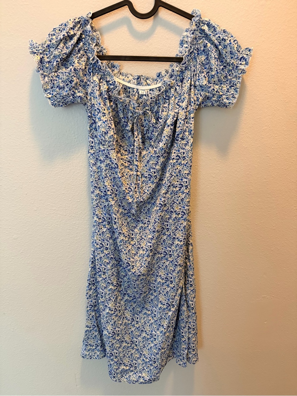 SHEIN Blue and White Floral Midi Dress with Puff Sleeves